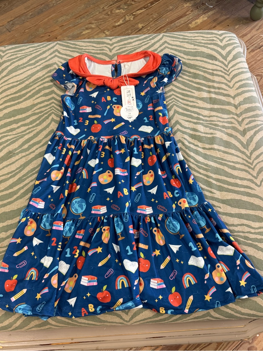 Girls Navy School-Print Tiered Dress with Coral Collar